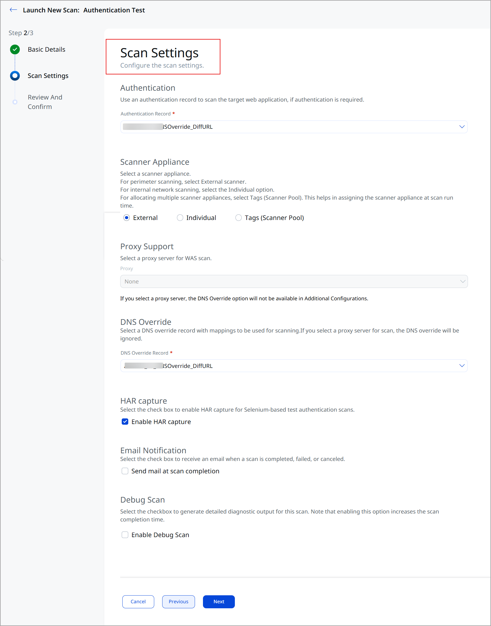 Scan Settings page of the Launch Test Authentication workflow.